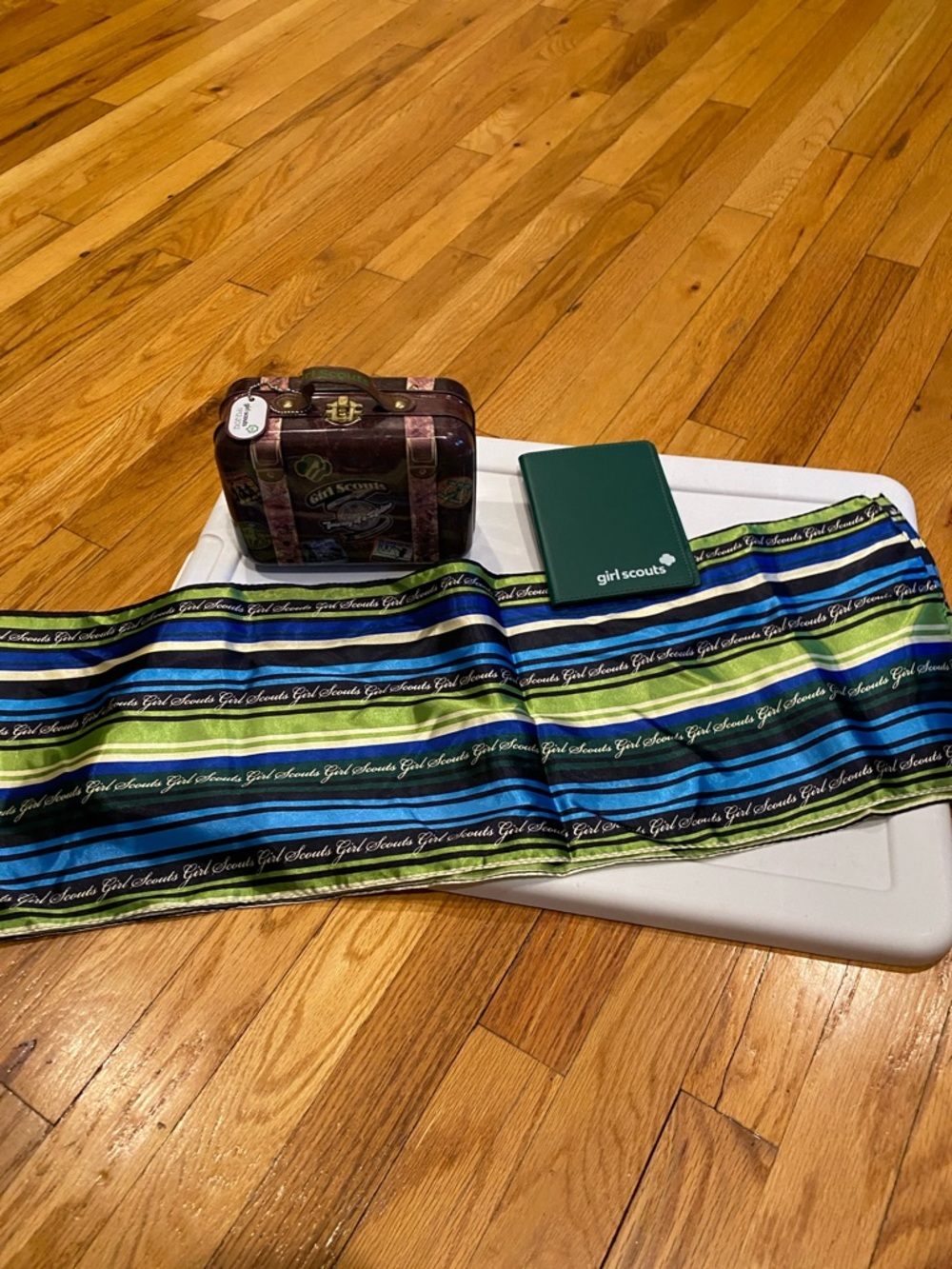 Girl Scouts Striped scarf with passport case and lunch box.